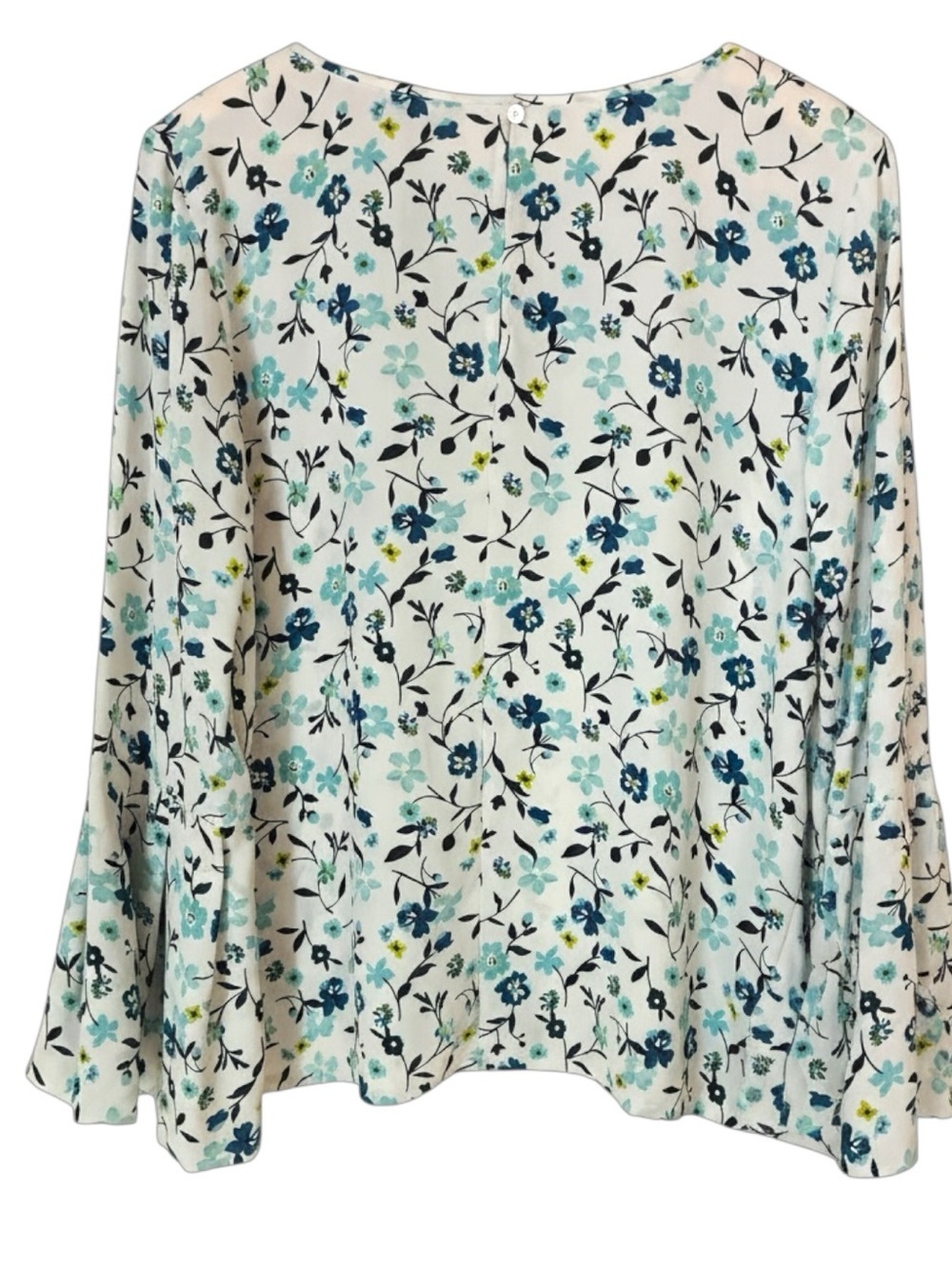 Ann Taylor LOFT Sz SMALL White Blue Floral Bell Sleeve Blouse Top - Picture 7 of 8